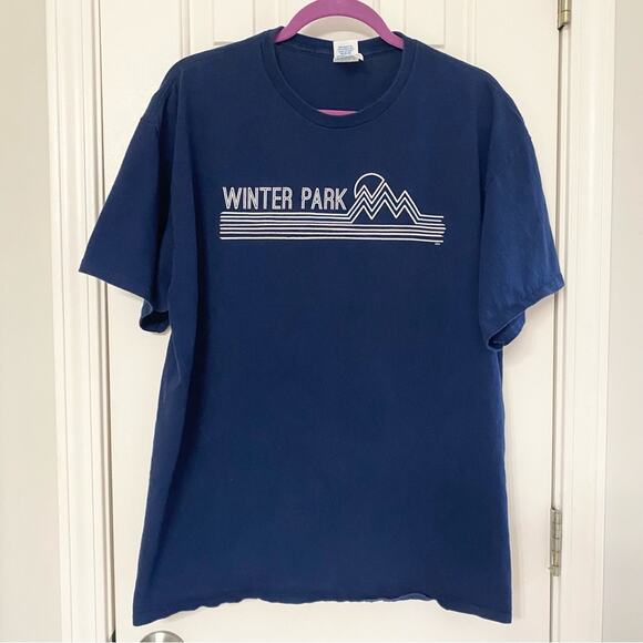 Winter Park Navy Short Sleeve Mountain Scene Graphic Tee T-Shirt - Picture 1 of 4